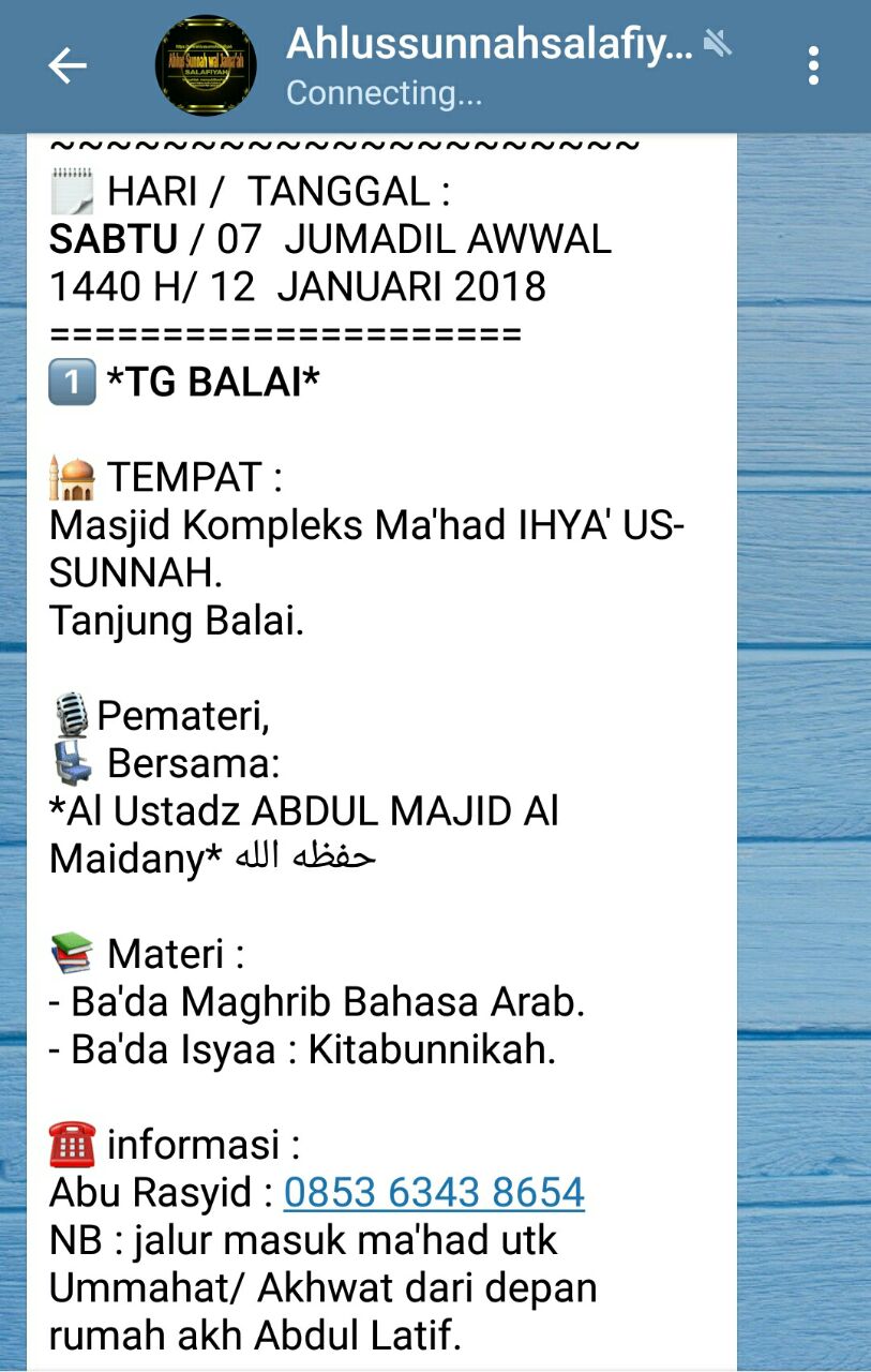 📌Info Jadwal Kajian Tanjung Balai, 12, Jan 2019